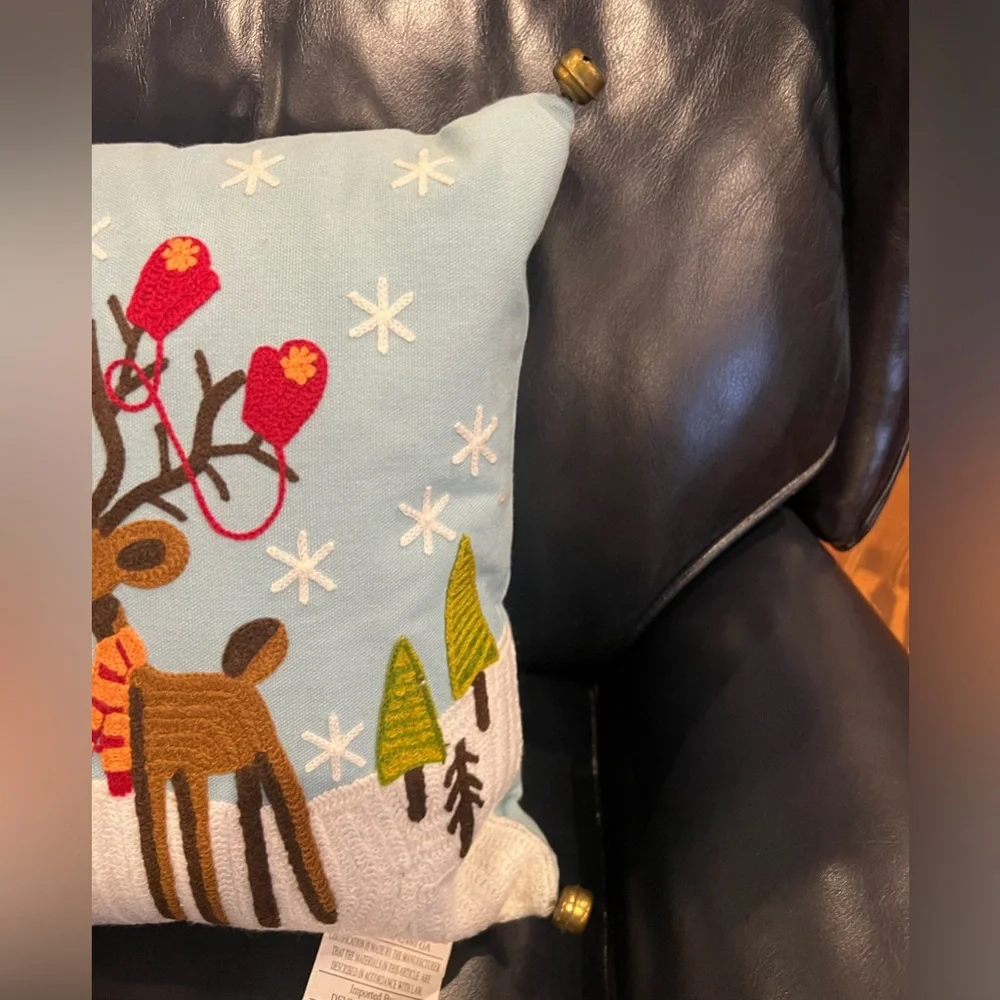 NWT Reindeer Christmas Crewel Throw Pillow Devi Designs
